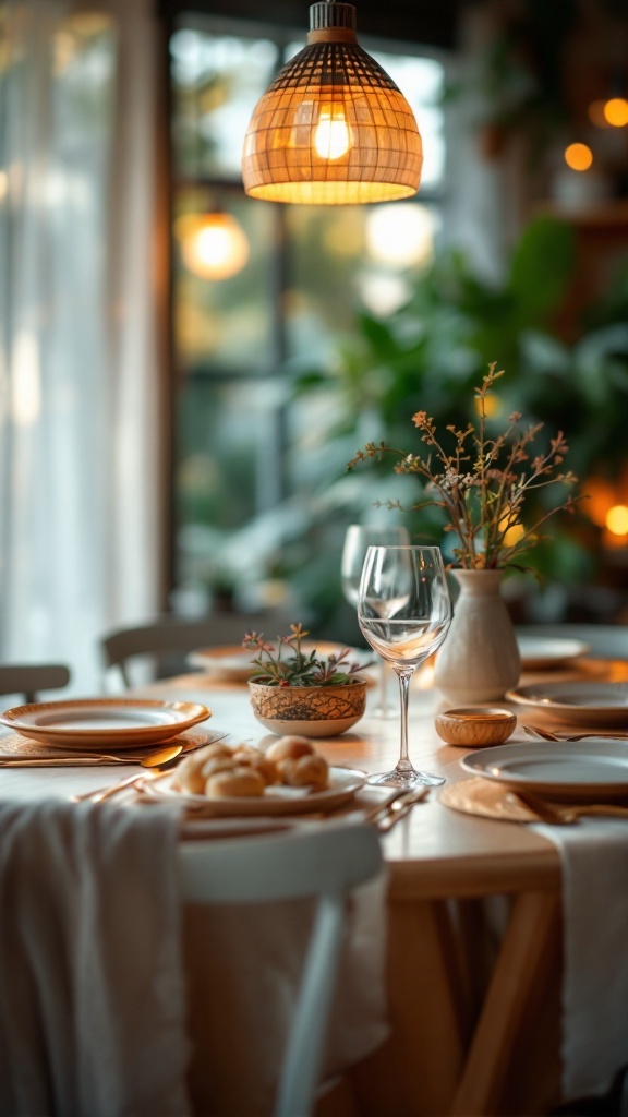 A beautifully set dining table with plates, glasses, and a cozy atmosphere.