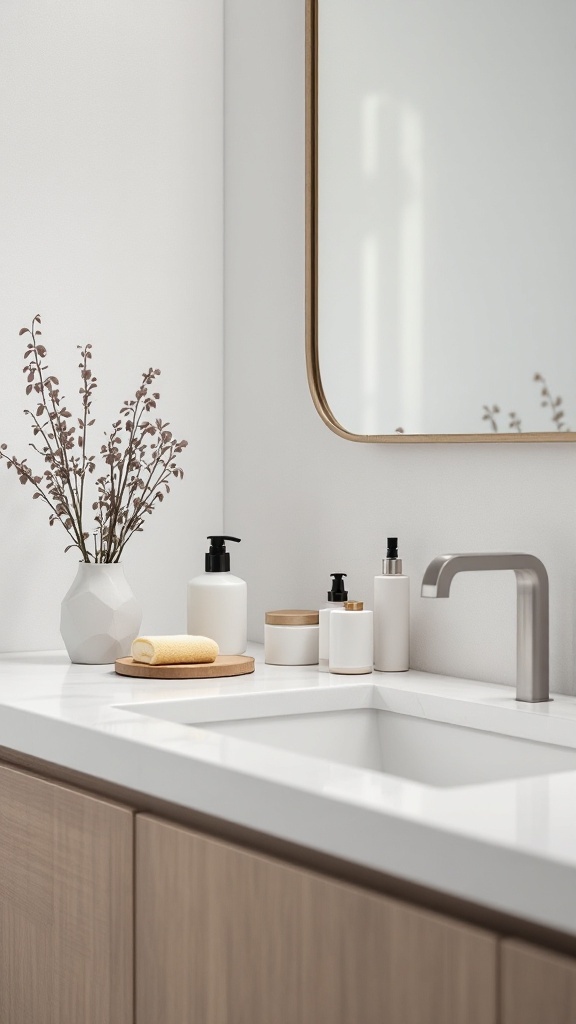 A neat bathroom countertop with essential items like soap, lotion, and a decorative plant.