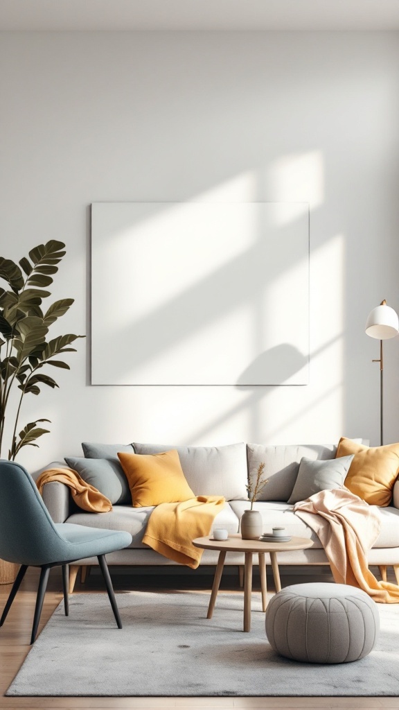 A bright and organized living room with a couch, cushions, and a plant.