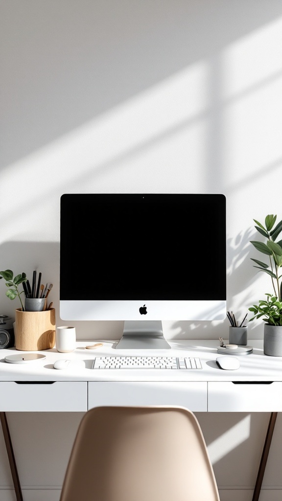 A clean and organized home office with a computer and plants.