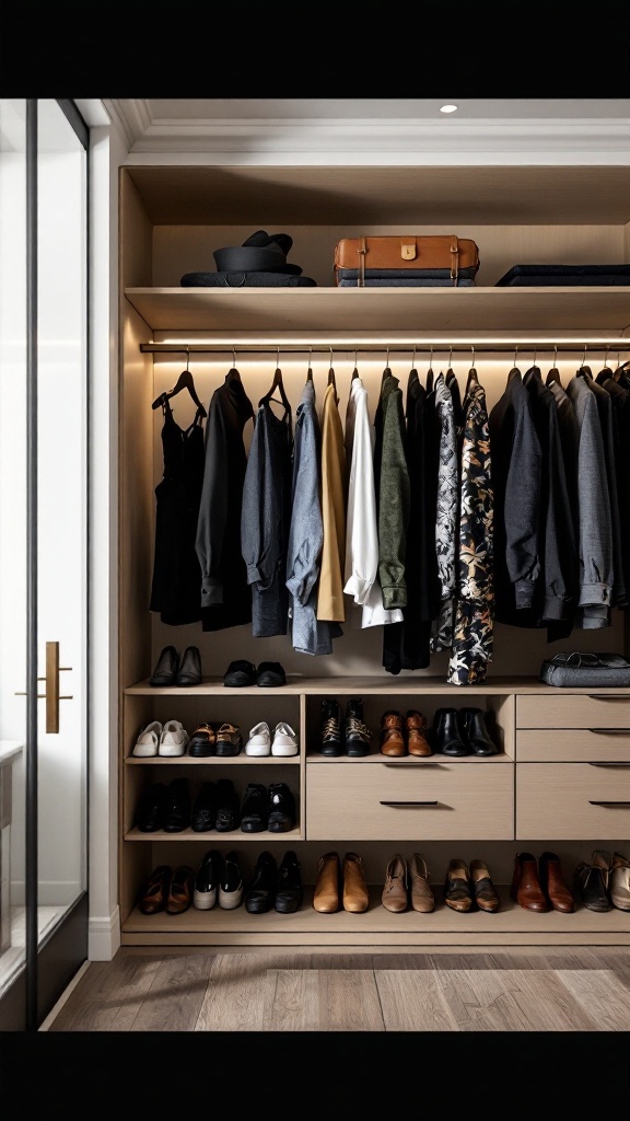 A well-organized closet with hanging clothes, shelves, and neatly arranged shoes.