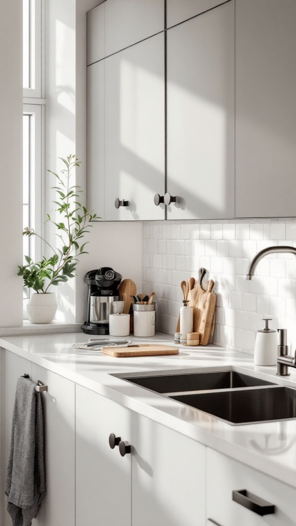 Clean and organized kitchen countertop with a kettle, plants, and cooking utensils.