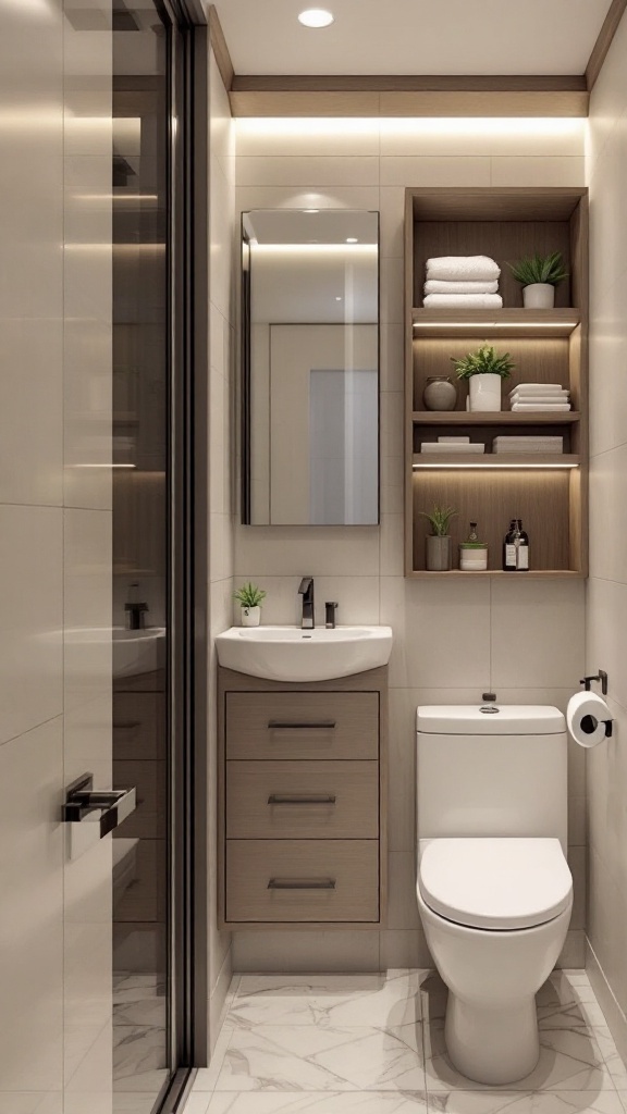 A stylish and organized bathroom with shelves, plants, and minimalistic decor.