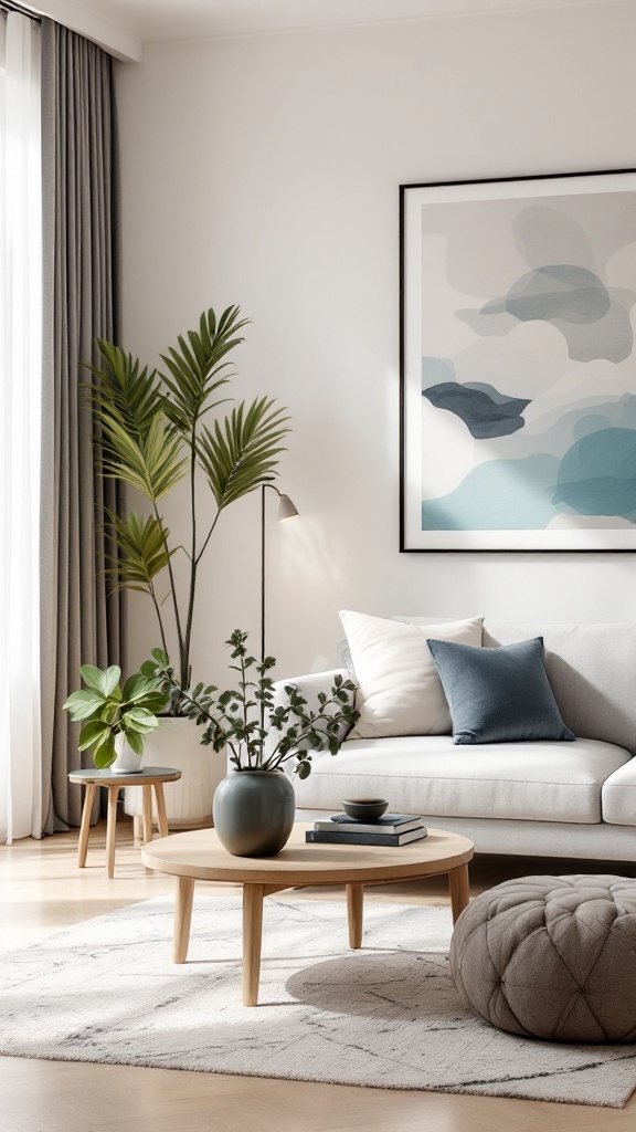 A cozy living room with minimal decorative items, featuring a beige couch, cushions, and plants.