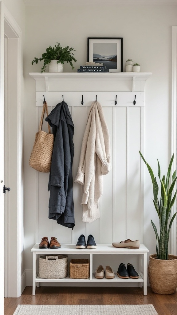 Organized entryway with hooks, shoes, and plants