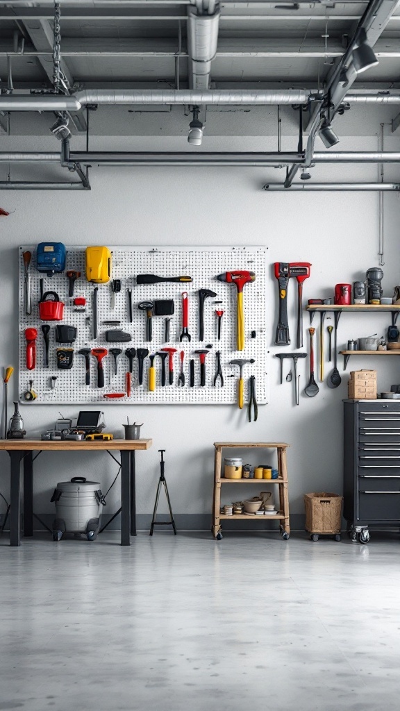 A well-organized garage with tools neatly hung on a pegboard and items stored in a tidy manner.