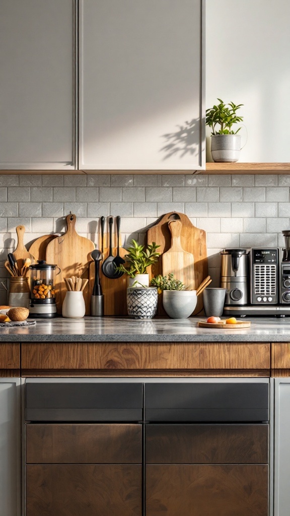 A tidy kitchen countertop with various kitchen appliances organized neatly.