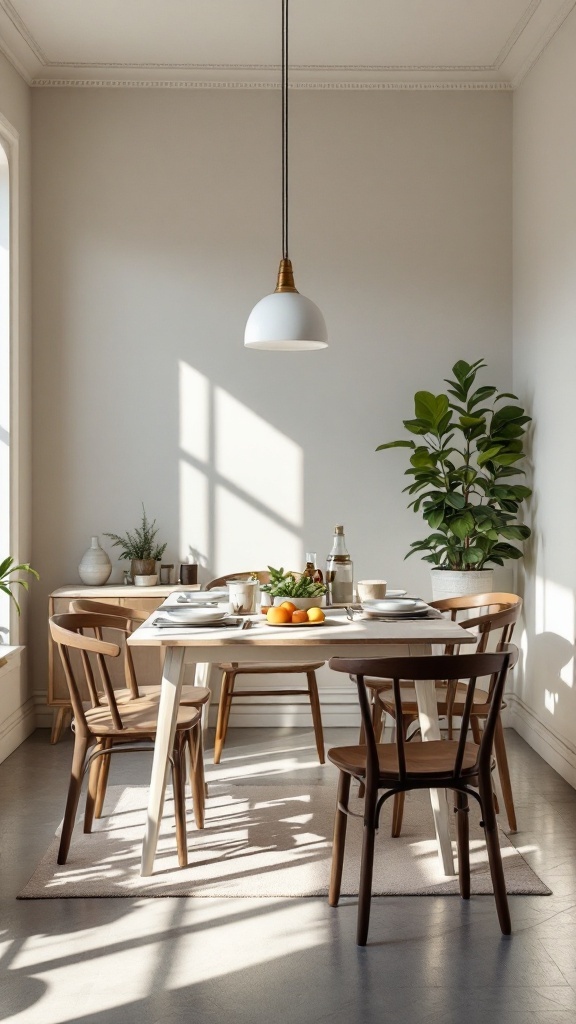 Bright dining room with a simple table set up, surrounded by chairs and plants.