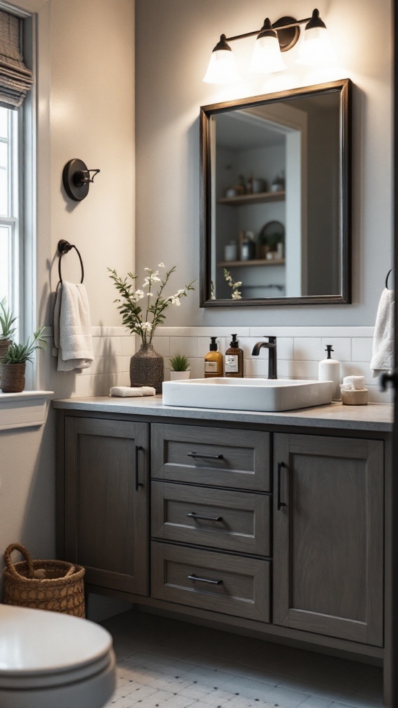 A modern, tidy bathroom showcasing essential items with a clean design.