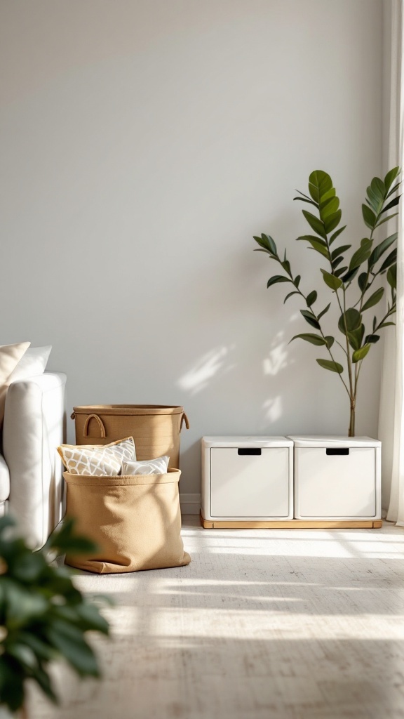 A cozy living room corner featuring portable storage bins and decorative pillows.