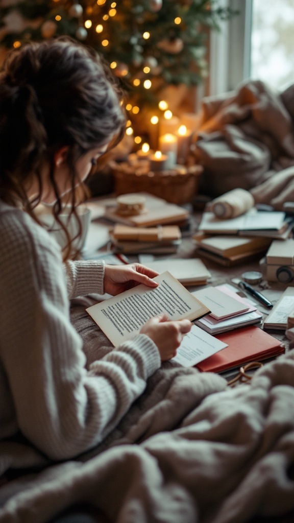 A person sitting on a cozy blanket, reading a book surrounded by various papers and decorations, with a Christmas tree in the background.