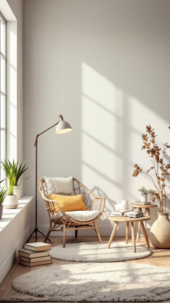 A calm reading nook featuring a cozy chair, books, and plants.