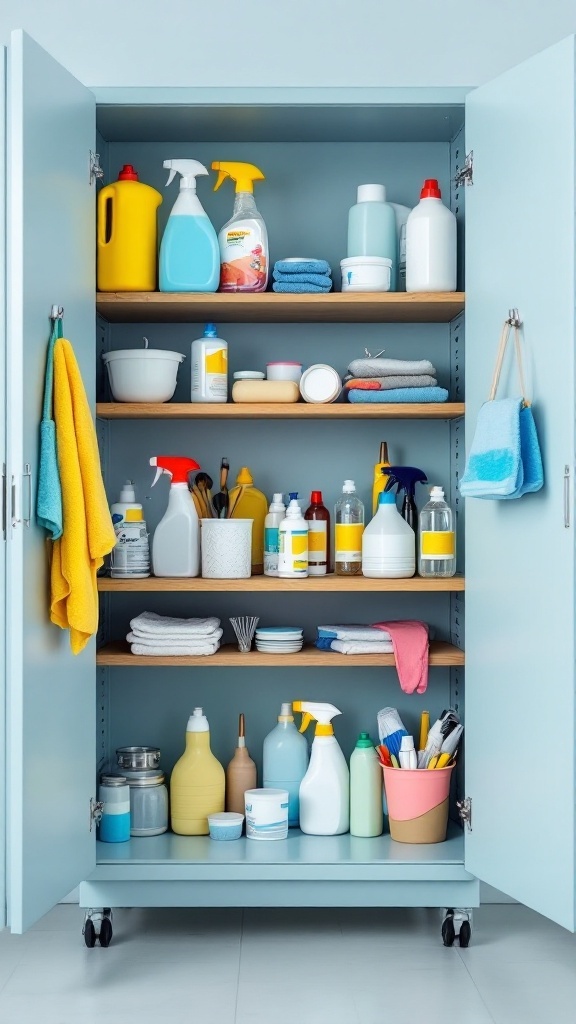 Organized cleaning supply cabinet with various cleaning products and tools neatly arranged.