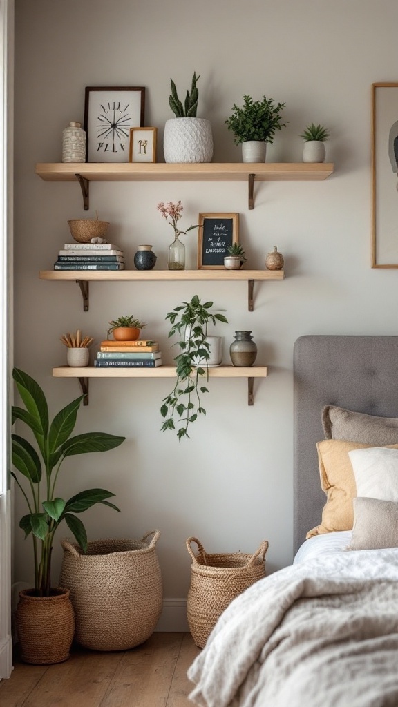 A stylish room with wall shelves, plants, and a storage unit.