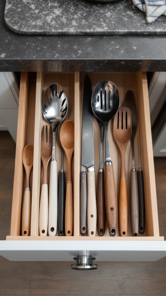 A neatly organized kitchen drawer containing essential utensils.