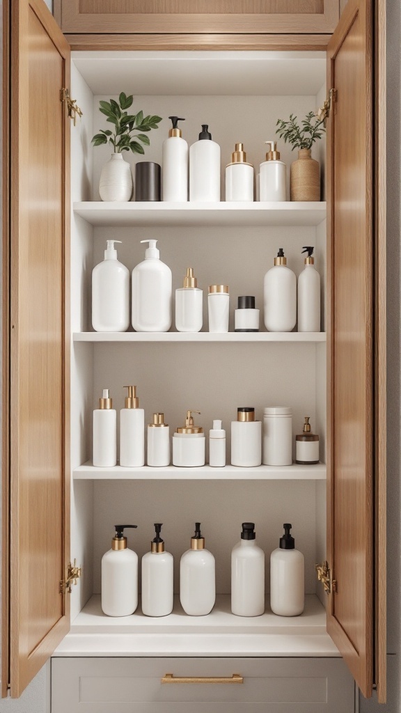 Neatly organized bathroom cabinet with white containers and some greenery.