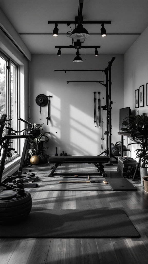 A decluttered home gym with workout equipment organized neatly.