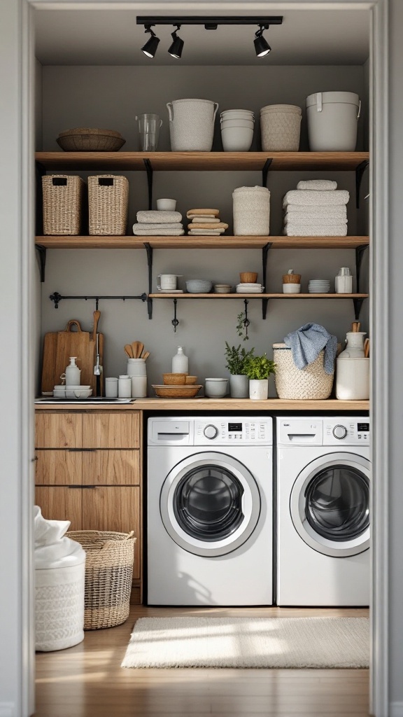 Organized laundry room with shelves and clean supplies