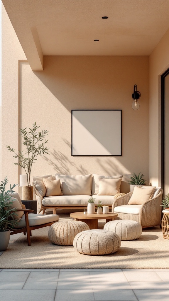 A tidy outdoor space with comfortable seating, plants, and a clean area.