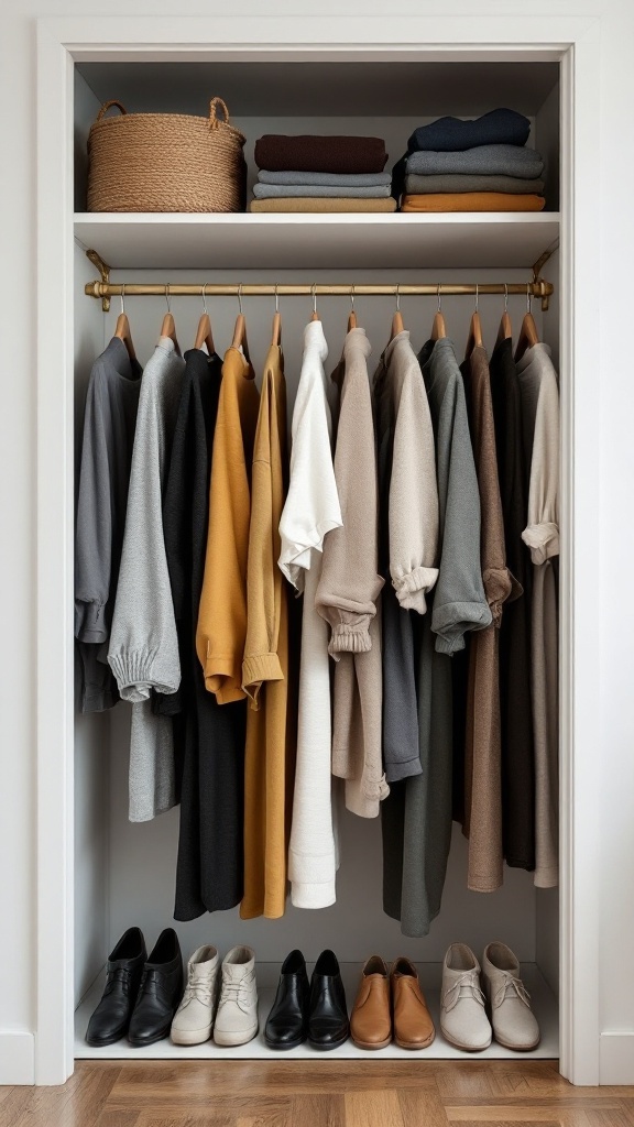 A neatly organized closet displaying seasonal clothing, shoes, and folded sweaters.