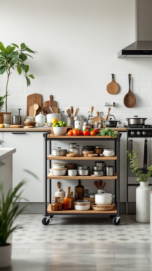 A rolling storage cart filled with jars, fruits, and kitchen supplies in a modern kitchen.