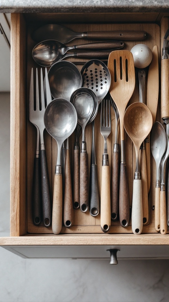 A drawer filled with various kitchen utensils, including spoons and forks, neatly arranged.