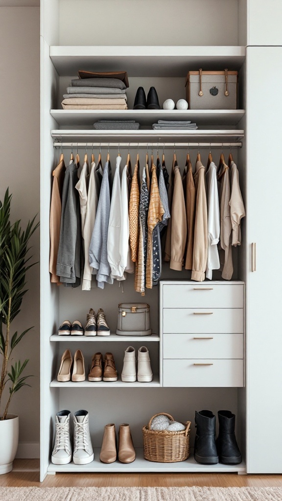 A neatly organized bedroom closet with clothes, shoes, and bags arranged on shelves.