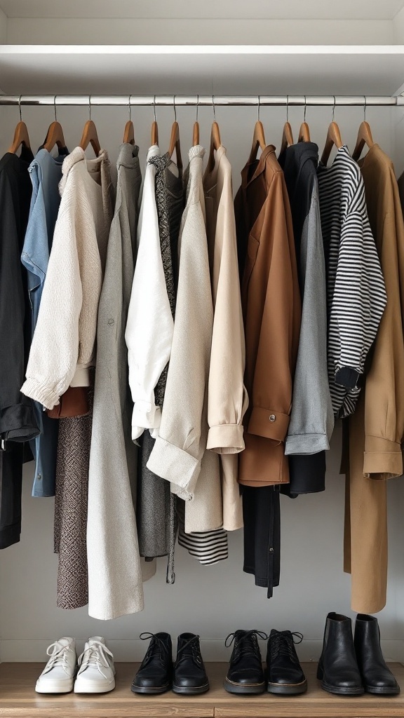 A neatly organized wardrobe with a variety of clothing hanging and shoes on display.