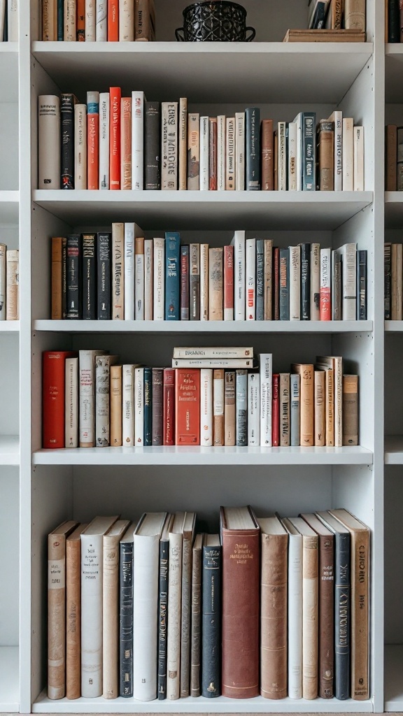 A neatly organized bookshelf filled with various books.