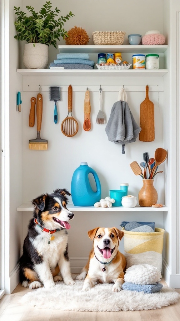 Cozy pet area with a dog, cat, and neatly arranged pet supplies.