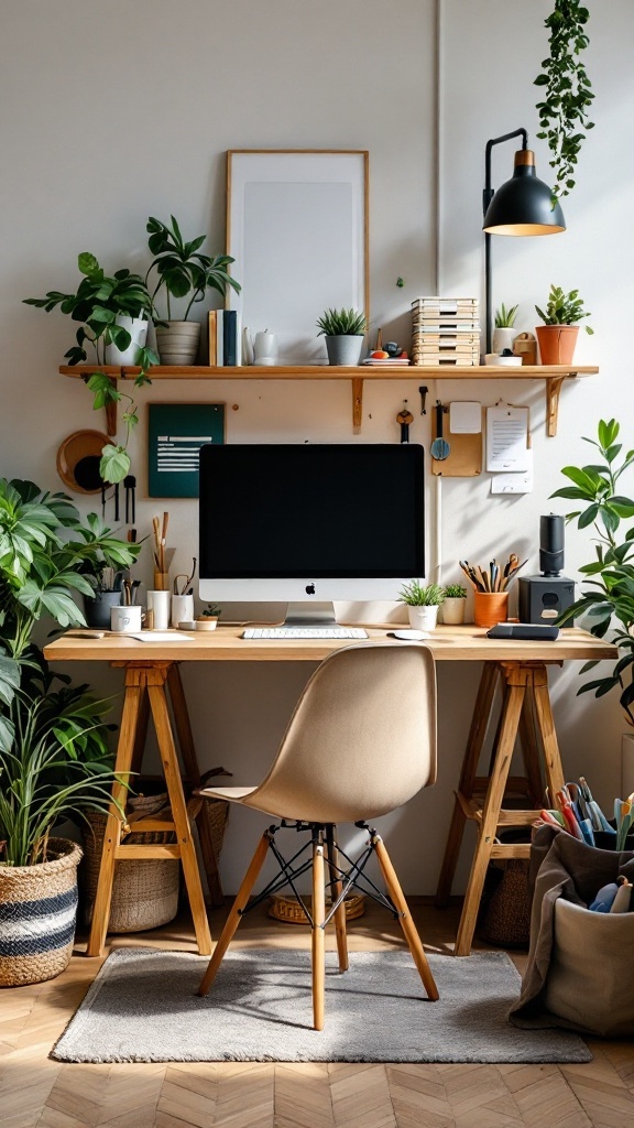 An organized workspace with plants, notebooks, and writing tools.