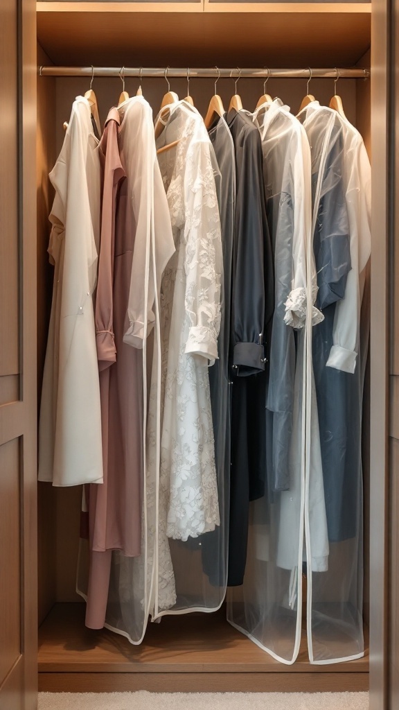 A neatly organized closet with various garments hanging on wooden hangers.