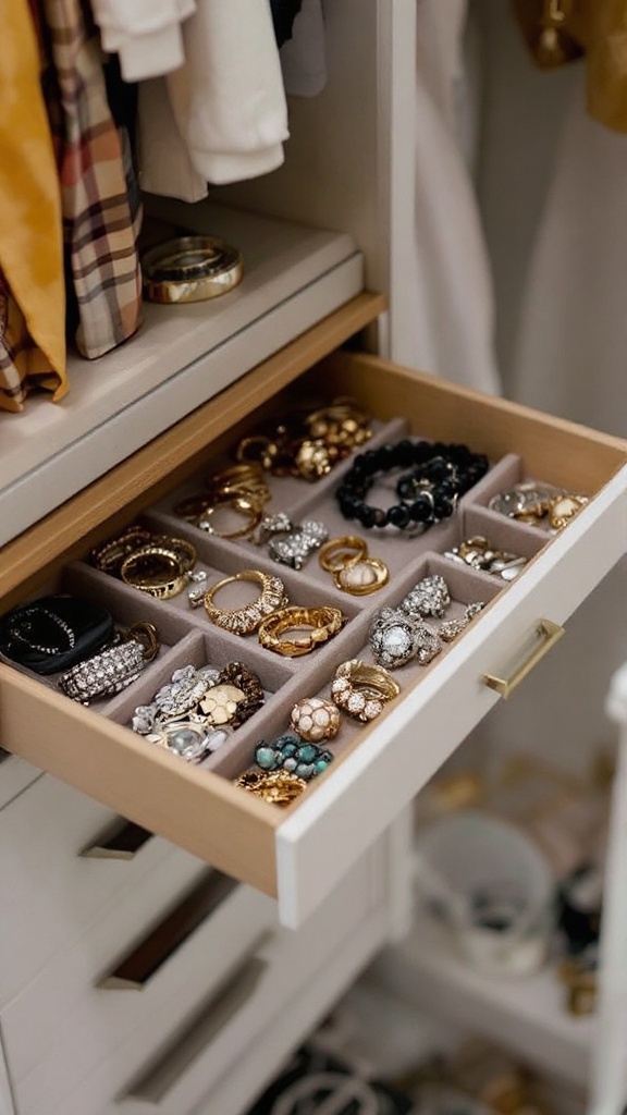 A neatly organized jewelry tray with various rings and earrings in a closet.