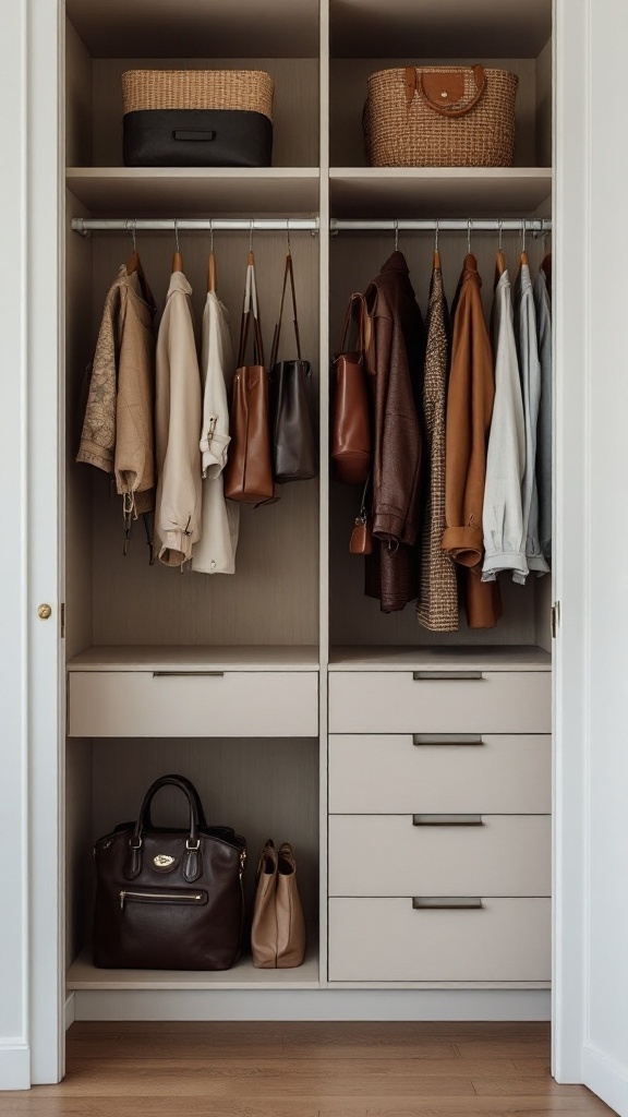 A neatly organized closet with bags and clothing arranged on shelves.