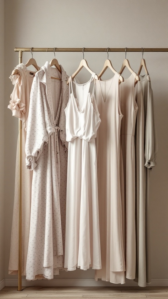 A collection of long dresses hanging on a suspended rod in a closet.