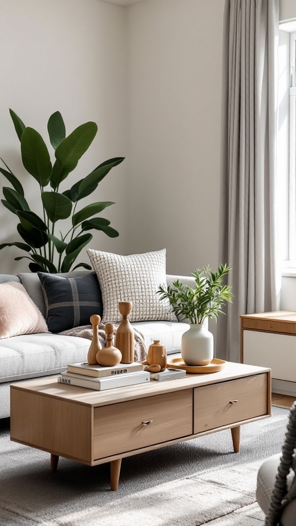 A cozy living room featuring a coffee table with storage, soft cushions, and plants.