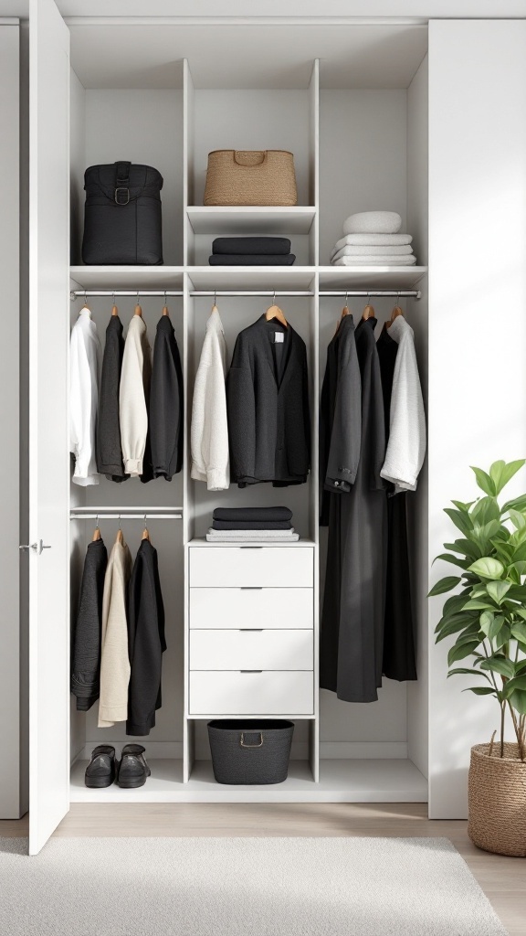 A minimalist closet with neatly arranged clothes and storage bins.