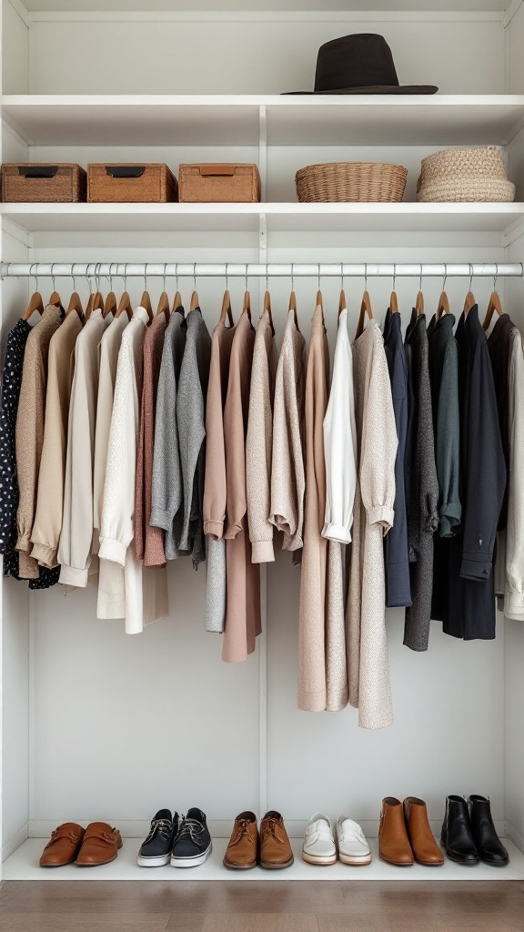 A neatly organized closet with clothes arranged by color and style, and various shoes placed at the bottom.