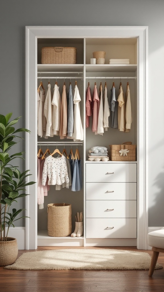 Organized family-friendly closet with hanging clothes and storage baskets.