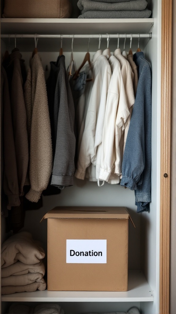 A neatly organized closet featuring a donation box labeled 'Donation' amidst clothing items.