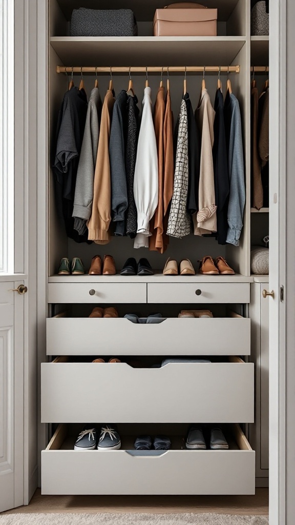 A well-organized closet featuring pull-out drawers and hanging clothing.