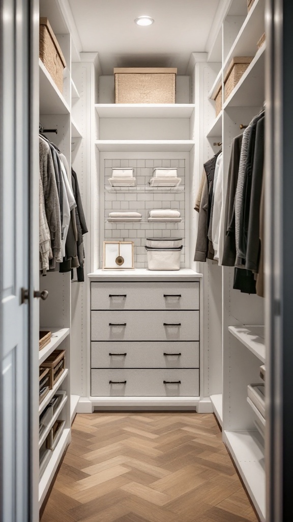 A well-organized closet with shelves, drawers, and baskets.