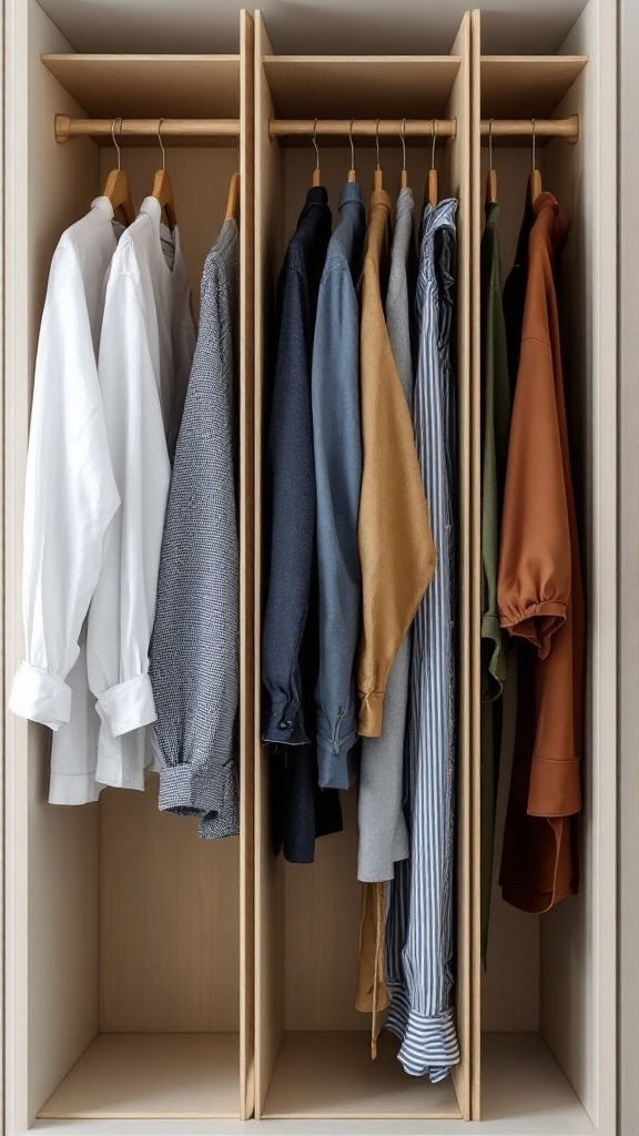 Closet shelves with vertical dividers organizing various clothing items.