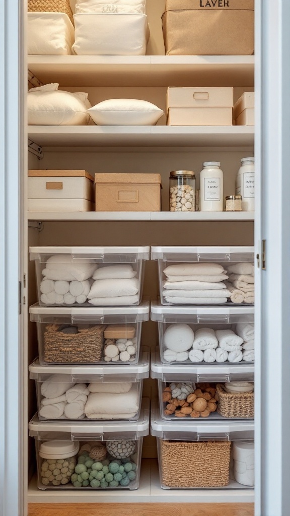 Organized closet with clear storage bins and neatly folded items.