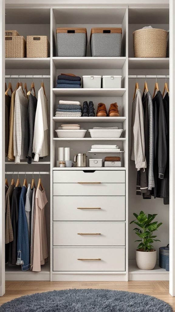 Organized closet with shelves, bins, and hanging clothes