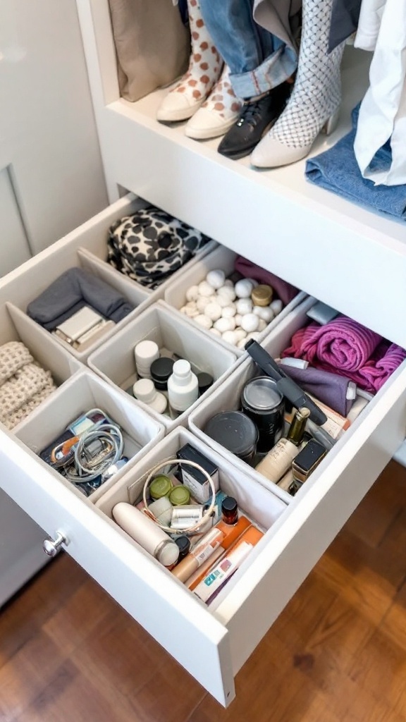 Neatly organized drawer with dividers holding clothing and accessories.