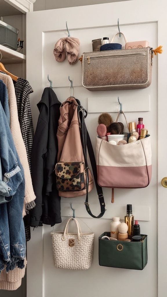 An organized closet door with bags and accessories hanging.