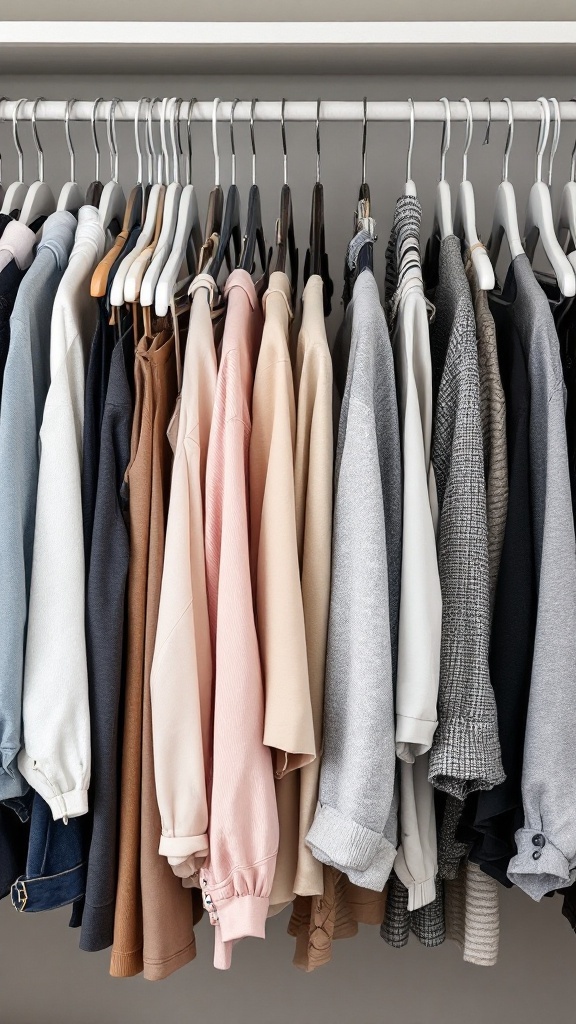 A variety of clothing items hanging on different types of hangers in a closet.