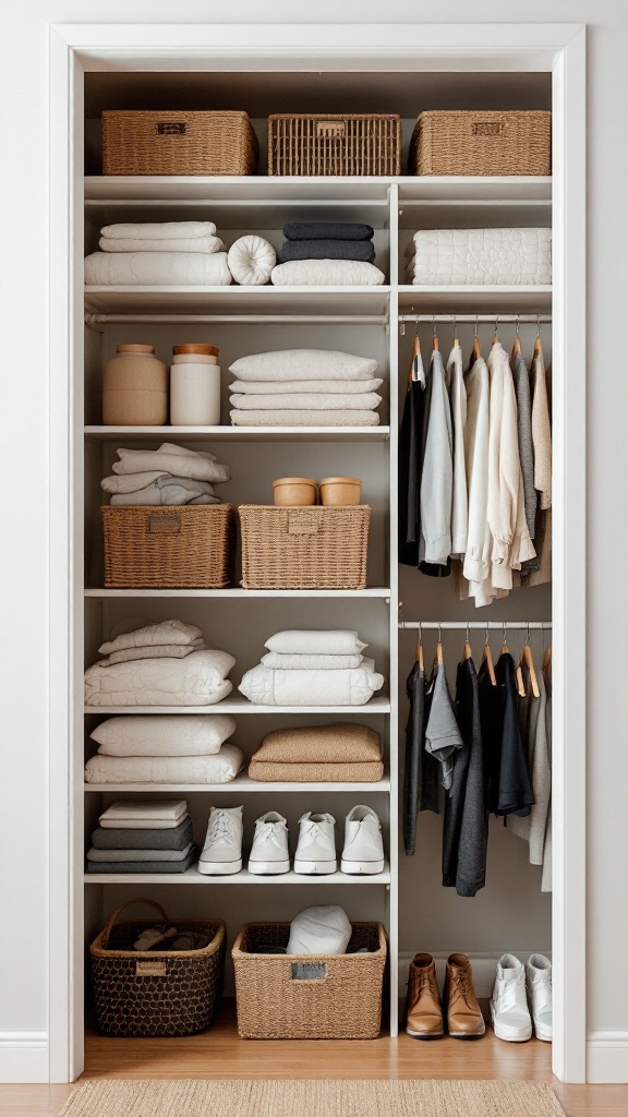 A well-organized closet with shelves, baskets, and neatly hung clothes.