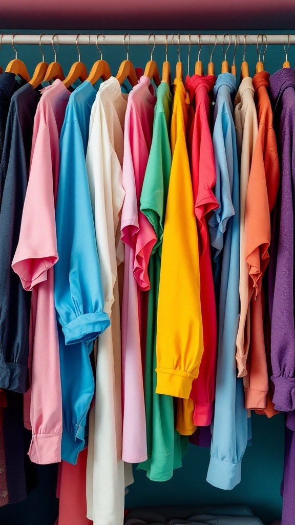 A neatly organized closet with shirts arranged in a color gradient.